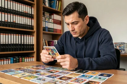 Collectionneur analysant des cartes Pokémon rares sur une table en bois, indice de hausse des prix EV10.5
