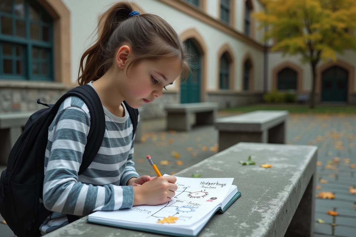 Collégienne dessinant une carte mentale sur l'allégorie dans une cour d'école en automne