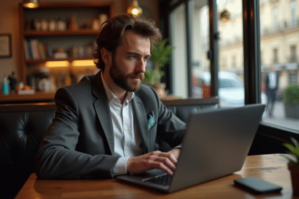 Comédien français regardant des sites parodiques américains sur un ordinateur dans un café parisien