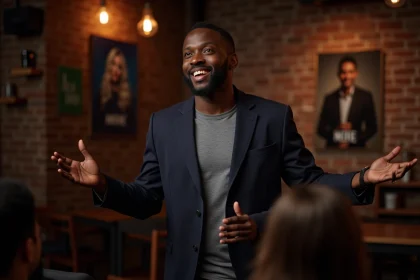 Comédien noir en scène dans un club de comédie chaleureux