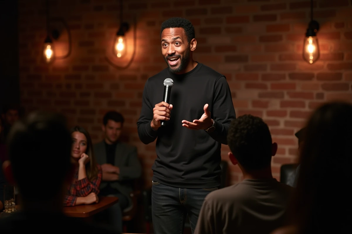 Comédien de stand-up sur scène dans un club de comédie intime utilisant l'humour pour déconstruire les clichés et stéréotypes devant un public attentif