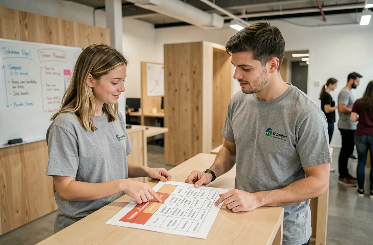 Deux volontaires en service civique comparant les différents profils de rémunération sur un tableau imprimé
