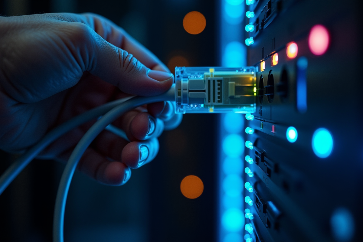 Main branchant un câble réseau dans un serveur lumineux et connecté