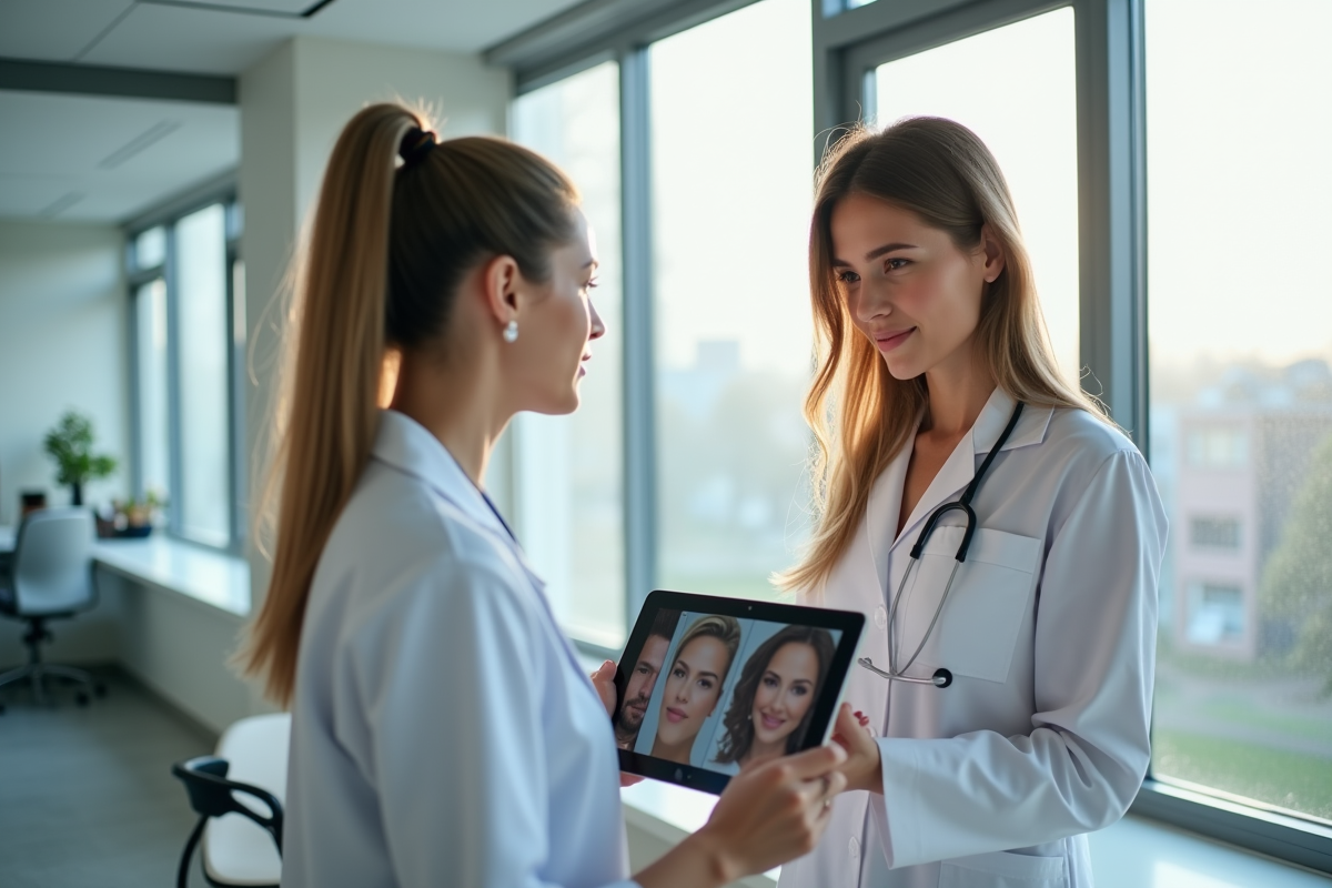 Femme confiante avec chirurgien esthétique en consultation