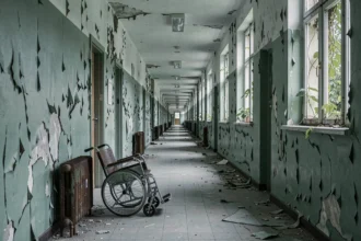 Couloir d'hôpital psychiatrique abandonné avec peinture écaillée et fauteuil roulant renversé