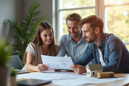 Jeune couple avec conseiller financier dans un bureau lumineux