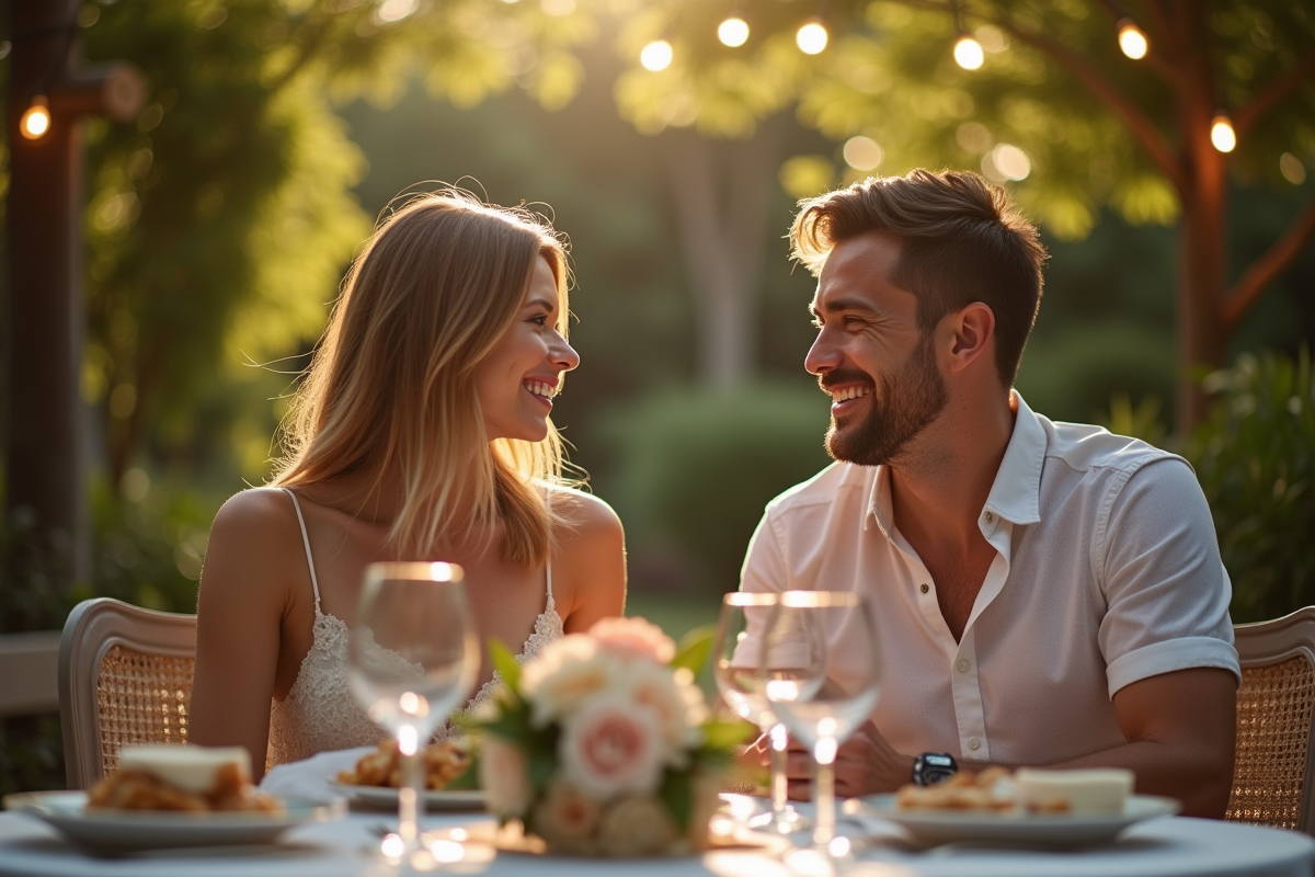Couple riant dans un jardin en plein air lors d'un dîner élégant