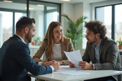 Jeune couple discutant avec un conseiller bancaire dans un bureau moderne