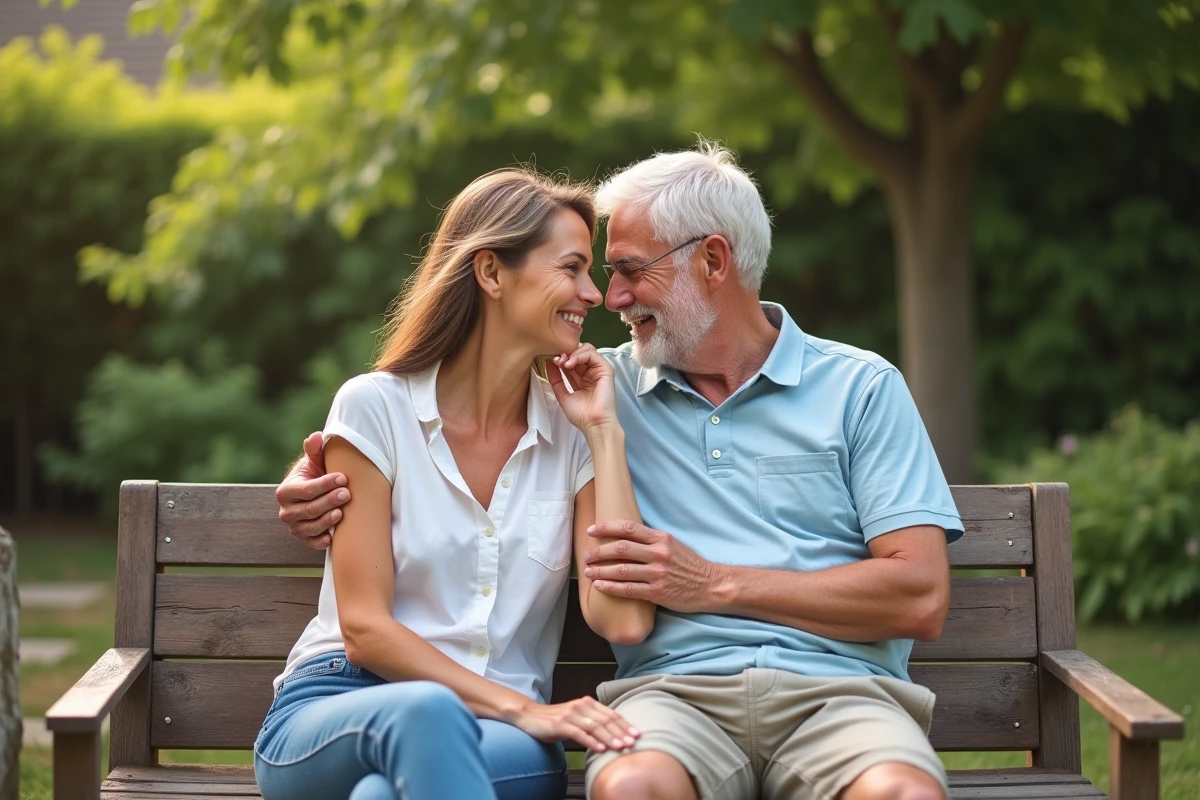 Couple mature et épanoui partageant un moment de tendresse sur une terrasse en bois entourée de verdure