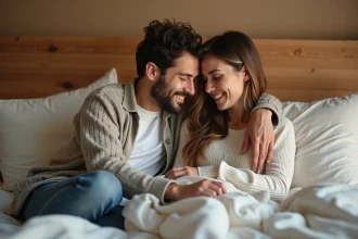 Couple adulte complice partageant un moment tendre et intime assis sur un lit douillet dans une chambre moderne