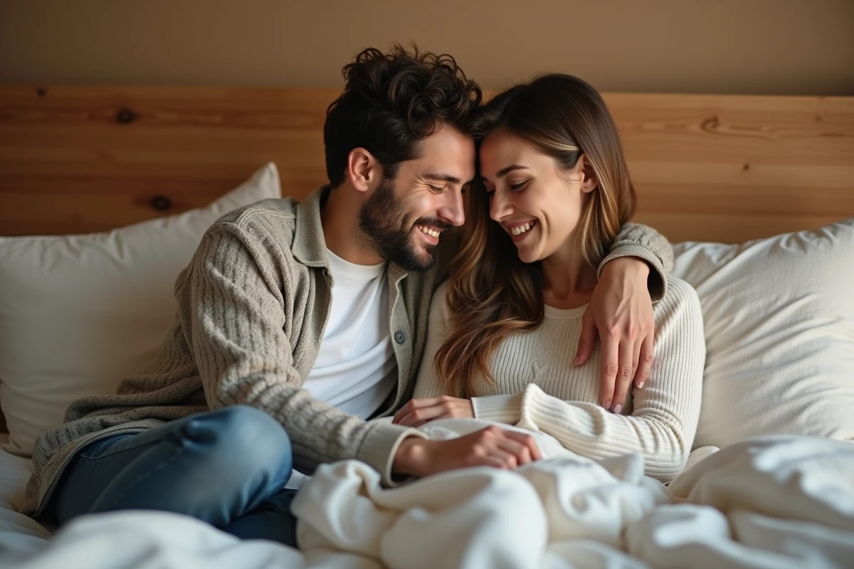 Couple adulte complice partageant un moment tendre et intime assis sur un lit douillet dans une chambre moderne