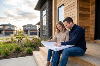 Jeune couple souriant devant leur nouvelle maison