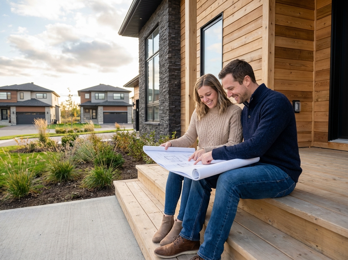 Jeune couple souriant devant leur nouvelle maison