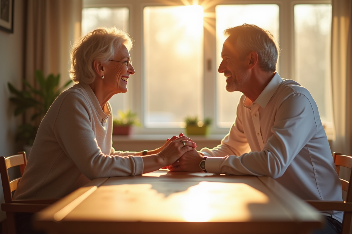 Couple mature souriant lors d'un dîner ensoleillé