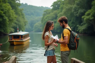 Jeune couple sur un ponton en Guyane avec forêt dense en arrière-plan