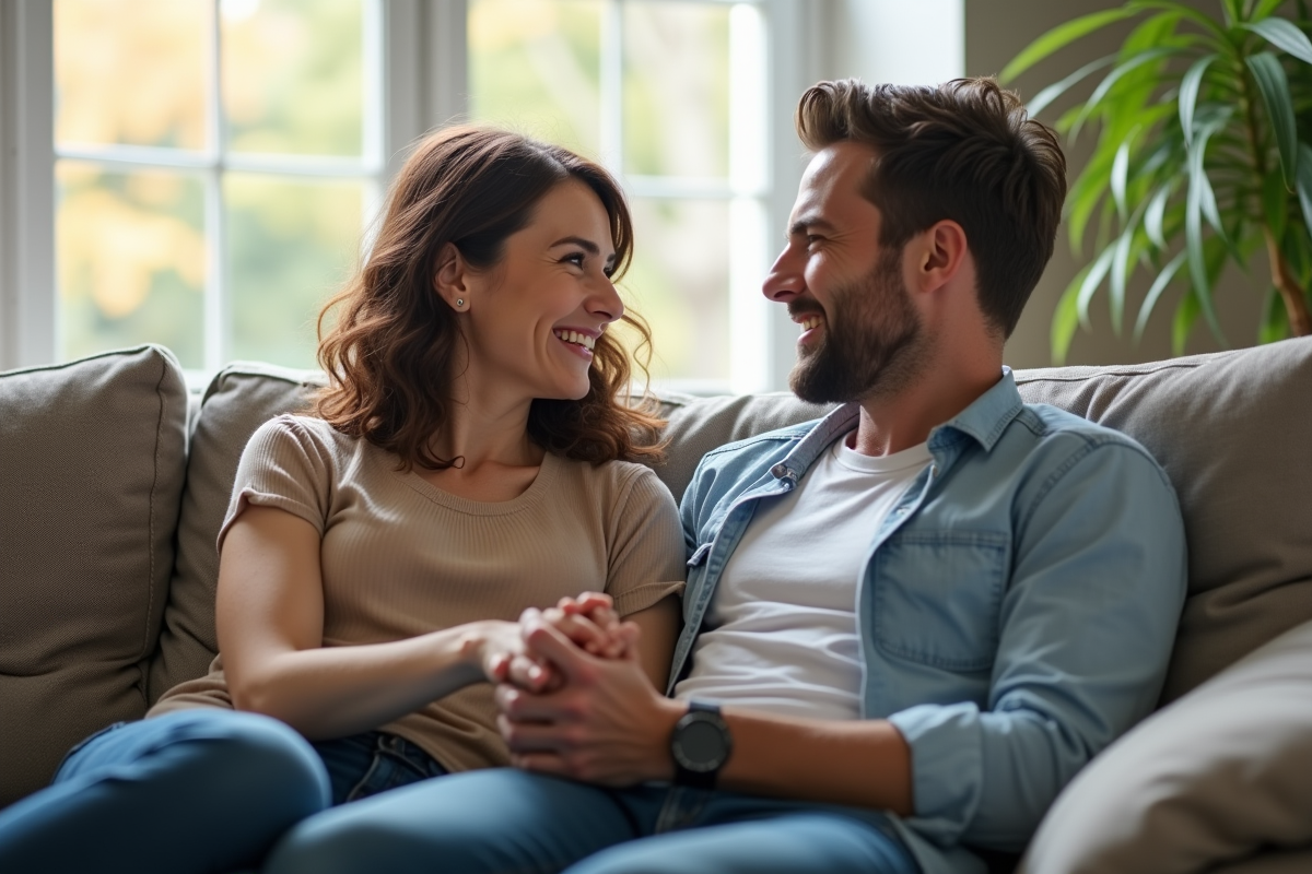 Couple assis sur un canapé dans un salon lumineux