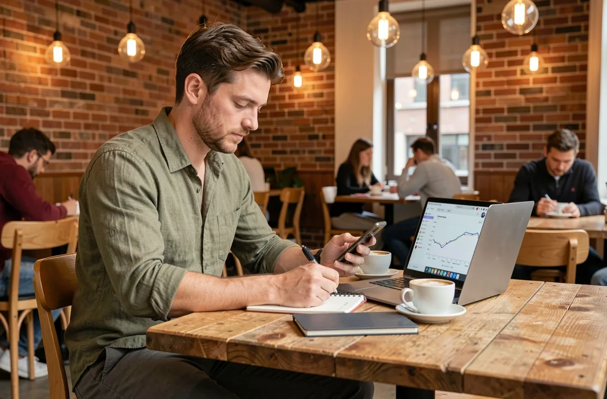 Créateur de contenu lifestyle analysant les meilleures heures de publication TikTok le vendredi dans un café urbain avec son téléphone et un carnet