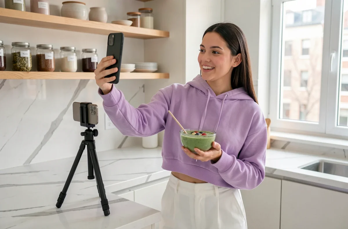 Jeune créatrice lifestyle filmant une vidéo TikTok dans sa cuisine moderne le vendredi avec un trépied et un smoothie bowl