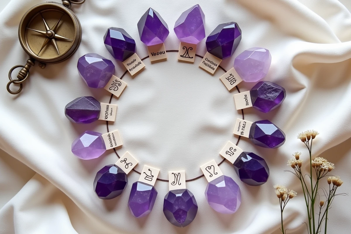 Mandala de cristaux violets étiquetés avec des signes du zodiaque sur tissu crème, composition astrologique minimaliste