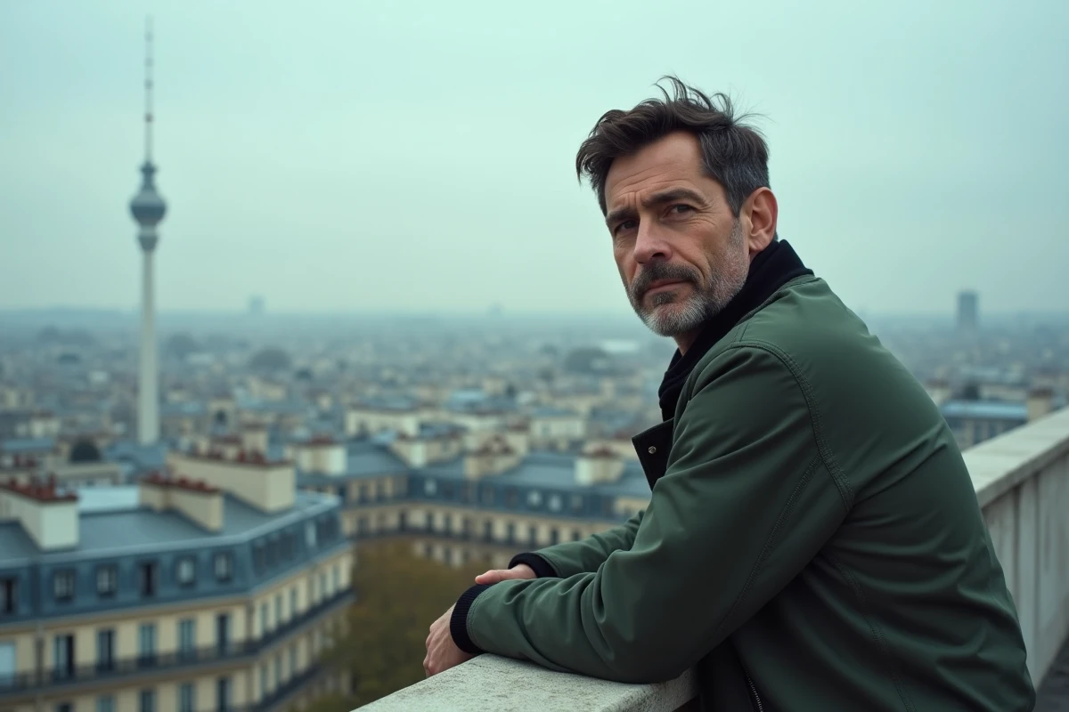 Homme en veste bomber sur un toit parisien avec vue sur les toits de la ville, symbolisant les influences urbaines et culturelles françaises dans le parcours de David Doukhan