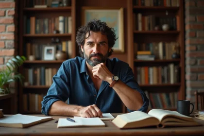 Portrait d'un homme aux origines méditerranéennes dans un bureau chargé de livres et de photographies, évoquant l'enfance et les influences culturelles de David Doukhan