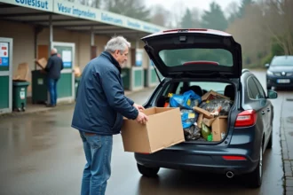 Homme déchargeant des déchets recyclés à Saint Laurent d'Agny