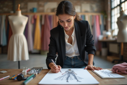 Femme styliste dessinant des créations de mode dans un atelier créatif