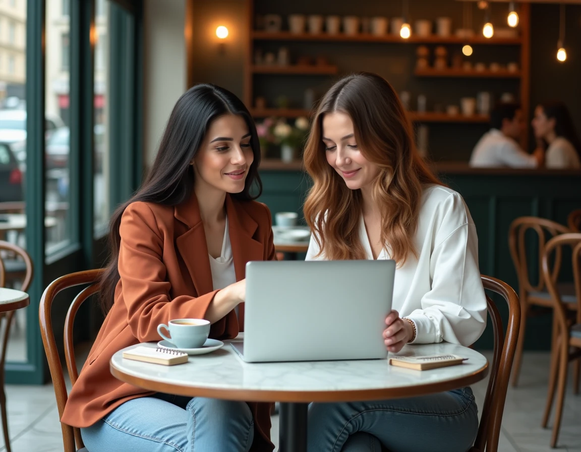 Deux femmes aux origines diverses discutant de recherches sur un nom de famille autour d'un ordinateur portable dans un café parisien