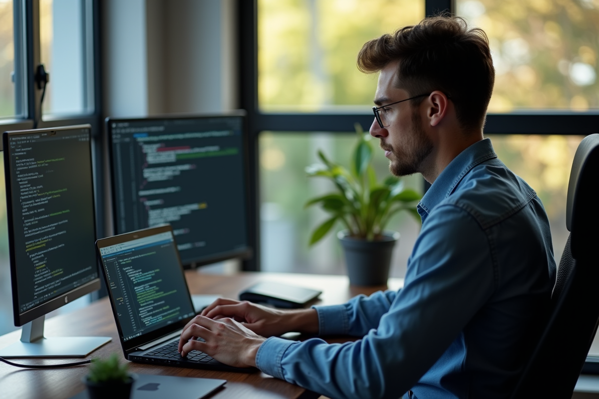 Développeur concentré codant en C sur un ordinateur portable