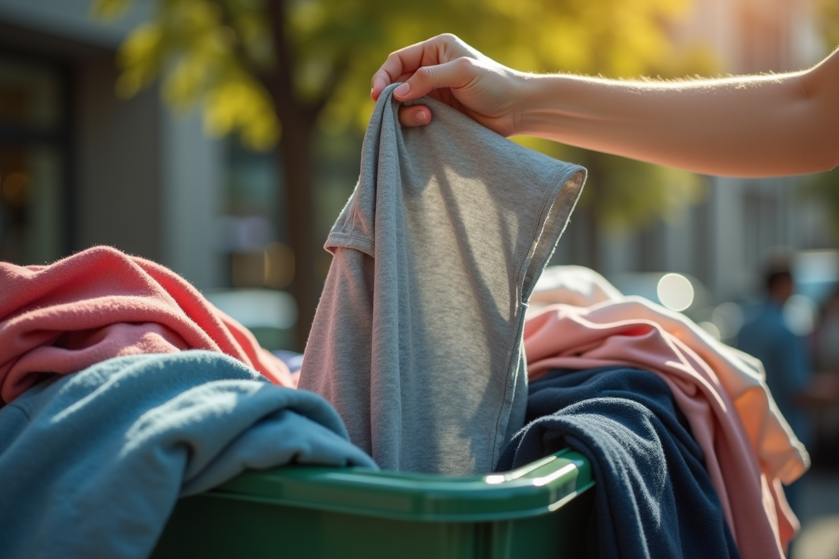 Main déposant un t-shirt usé dans une benne de don en extérieur