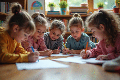 Groupe d enfants en classe dessinant ensemble