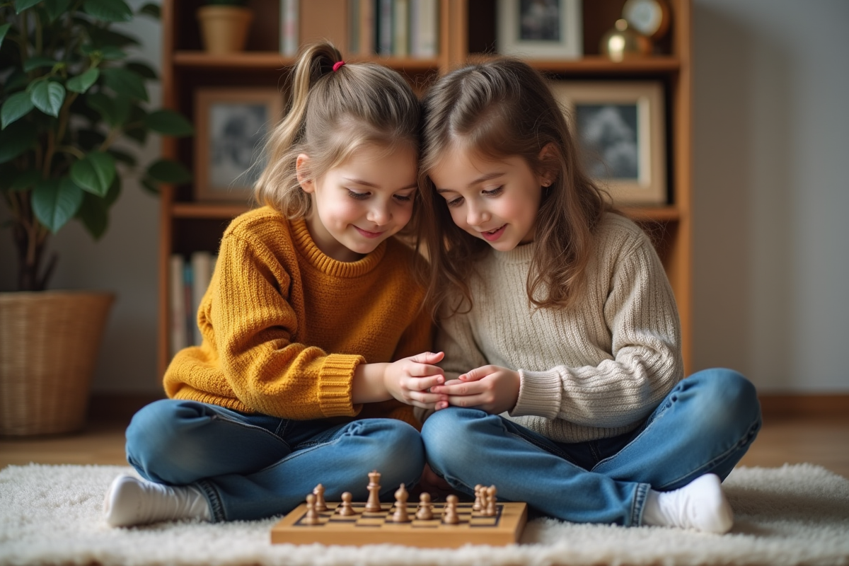 Deux enfants jouent à un jeu de société dans un salon chaleureux