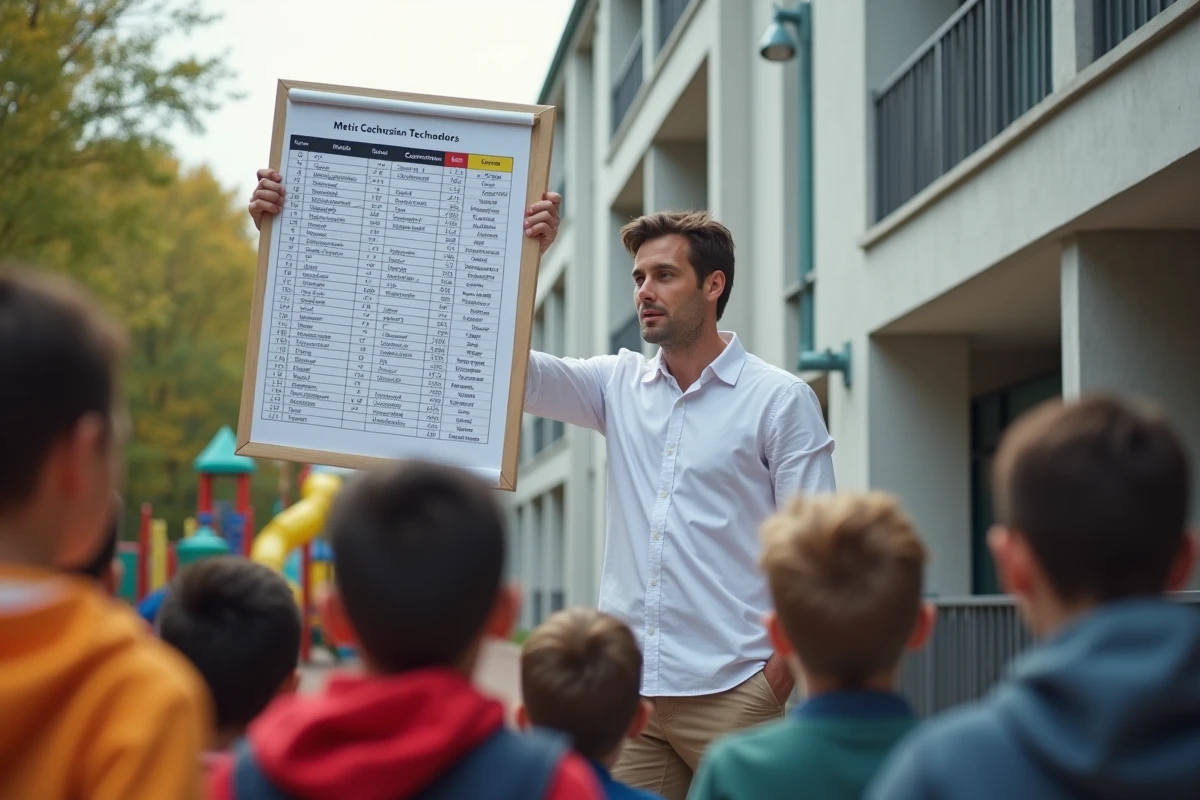 Enseignant montrant un tableau de conversion aux enfants