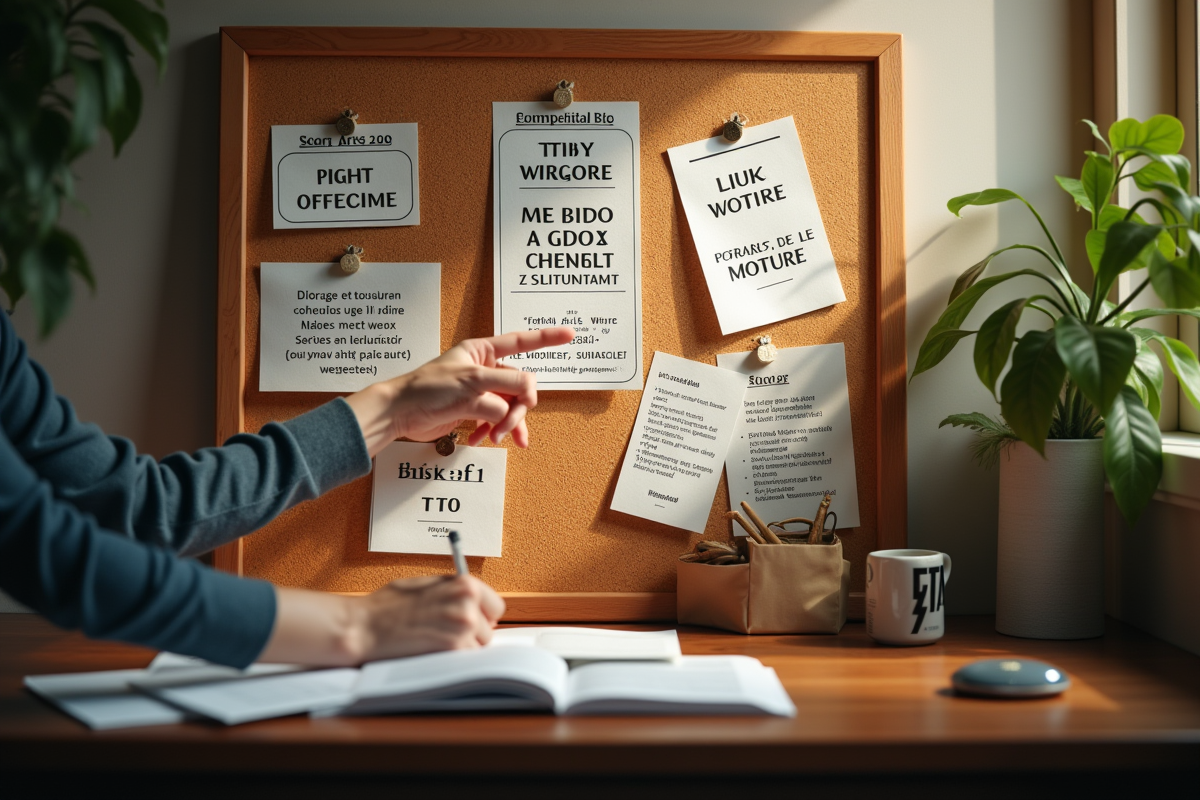 Espace de travail créatif avec notes et titres satiriques sur un tableau en matinée