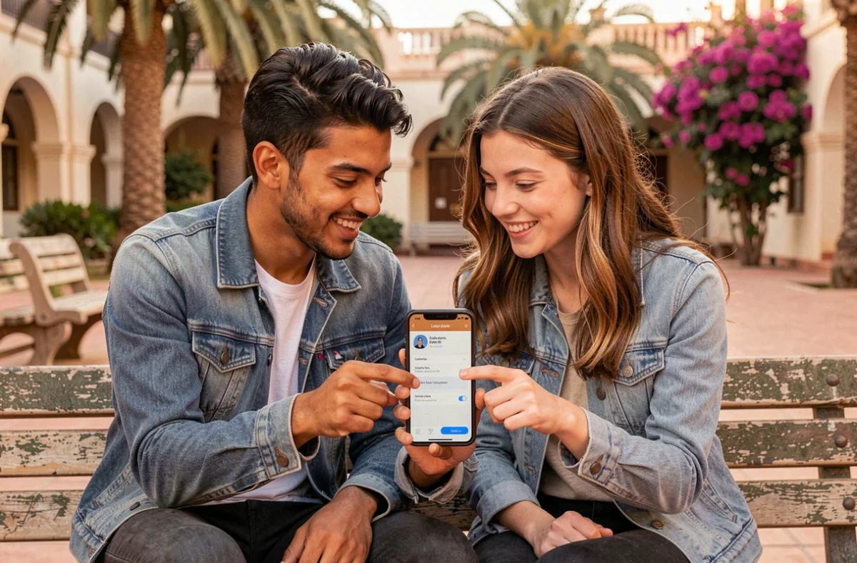 Deux étudiants utilisant une application de traduction darija marocaine et français sur smartphone dans une université à Rabat