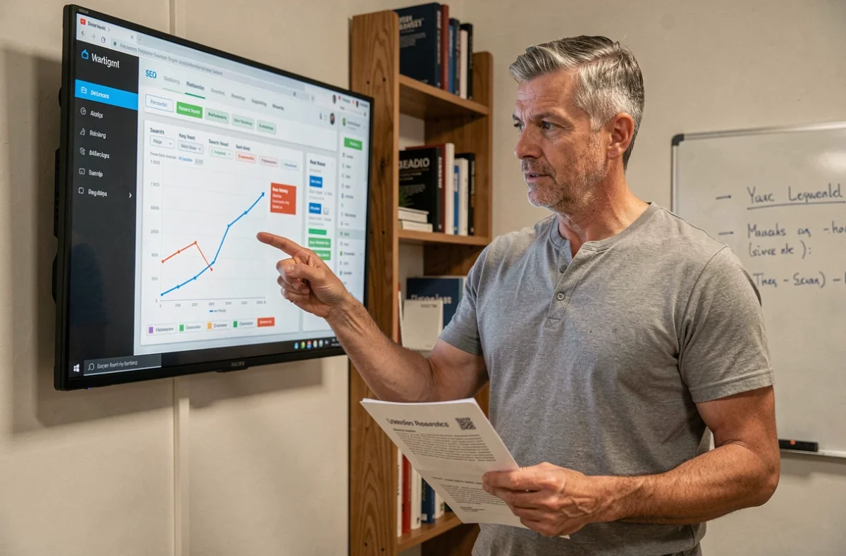 Expert SEO présentant un tableau de bord analytique avec des clusters de mots-clés expérimentaux sur grand écran