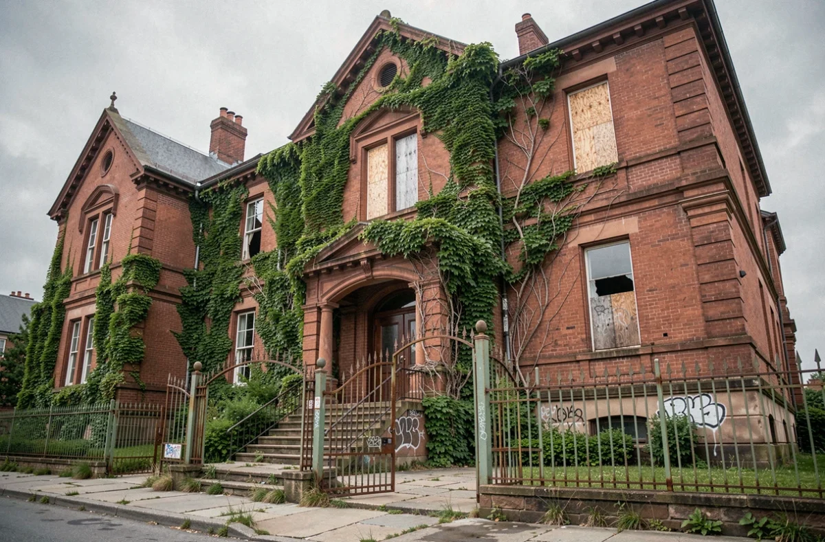 Façade extérieure d'un hôpital psychiatrique victorien abandonné avec graffitis et végétation envahissante