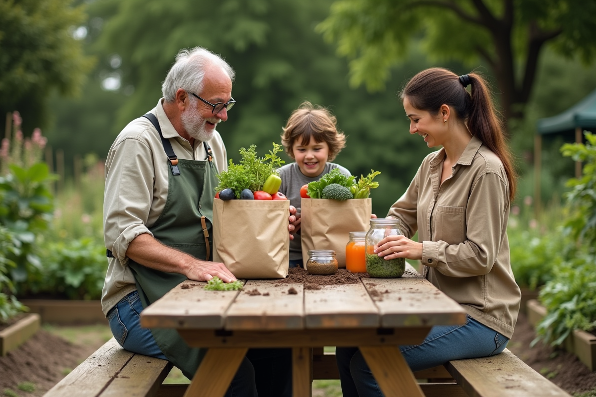 Famille plantant des sacs réutilisables dans un jardin