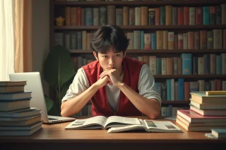Jeune homme passionné de manga lisant One Piece chapitre 1155 à son bureau entouré de volumes de manga