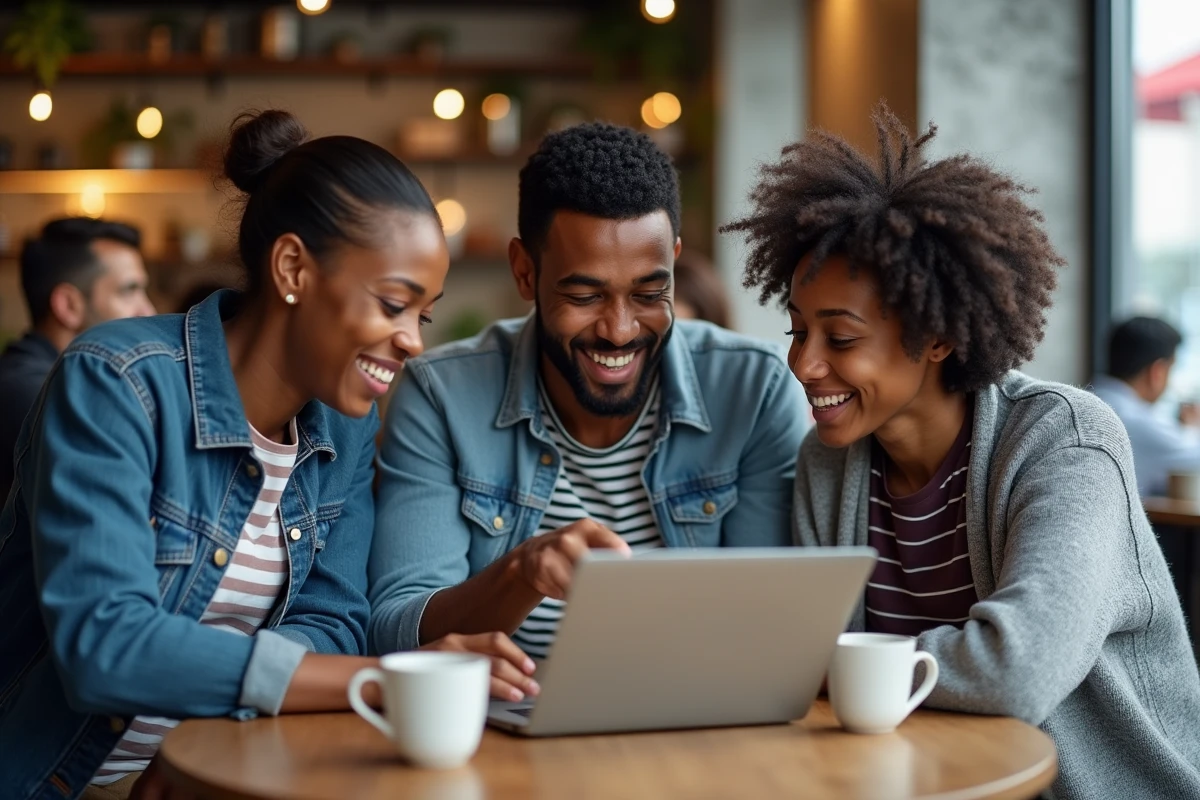 Groupe de jeunes fans discutant du contenu d'un site de scans autour d'un ordinateur portable dans un café, abordant la question du respect des auteurs