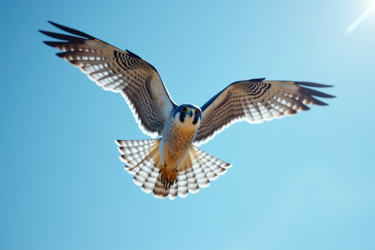 Faucon peregrin en plongée dans le ciel bleu
