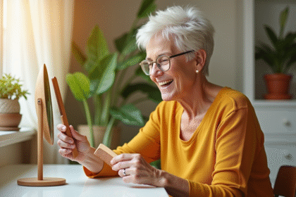 Femme de 70 ans souriante avec coupe courte dans son intérieur lumineux