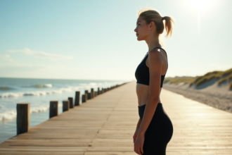 Jeune femme en tenue de sport au bord de la mer