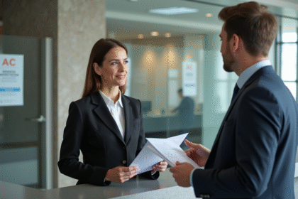 Femme d'affaires discutant avec un agent municipal dans un bureau moderne