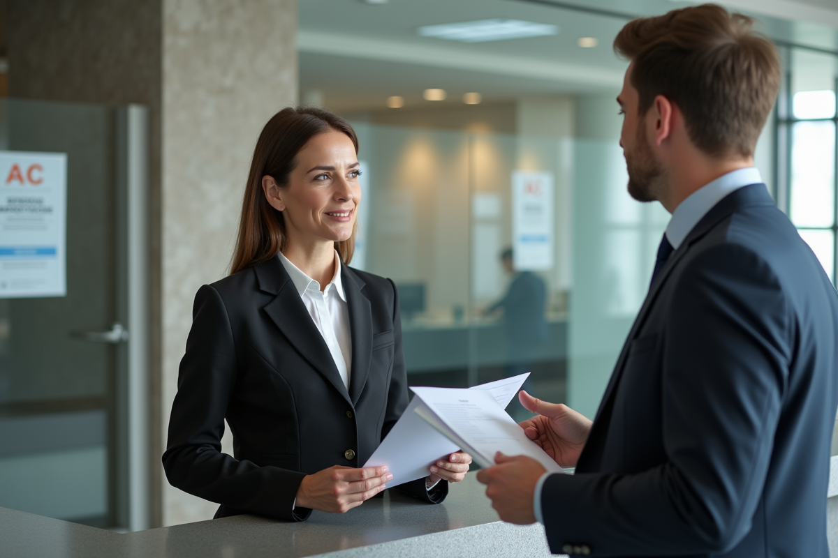 Femme d'affaires discutant avec un agent municipal dans un bureau moderne