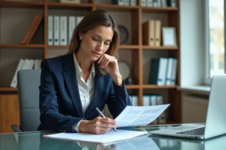 Femme d affaires en costume bleu lisant un document