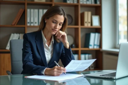 Femme d affaires en costume bleu lisant un document