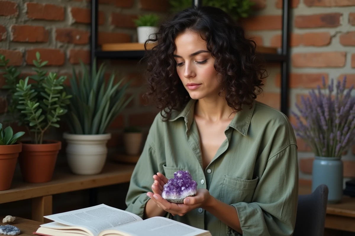 Jeune femme tenant une améthyste brute dans sa paume, entourée de plantes séchées et d'un livre d'astrologie