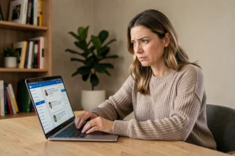 Femme consultant des avis consommateurs en ligne sur son ordinateur portable dans un bureau à domicile