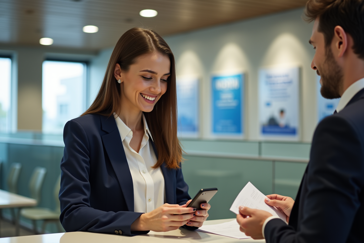 Femme vérifiant son application bancaire au guichet